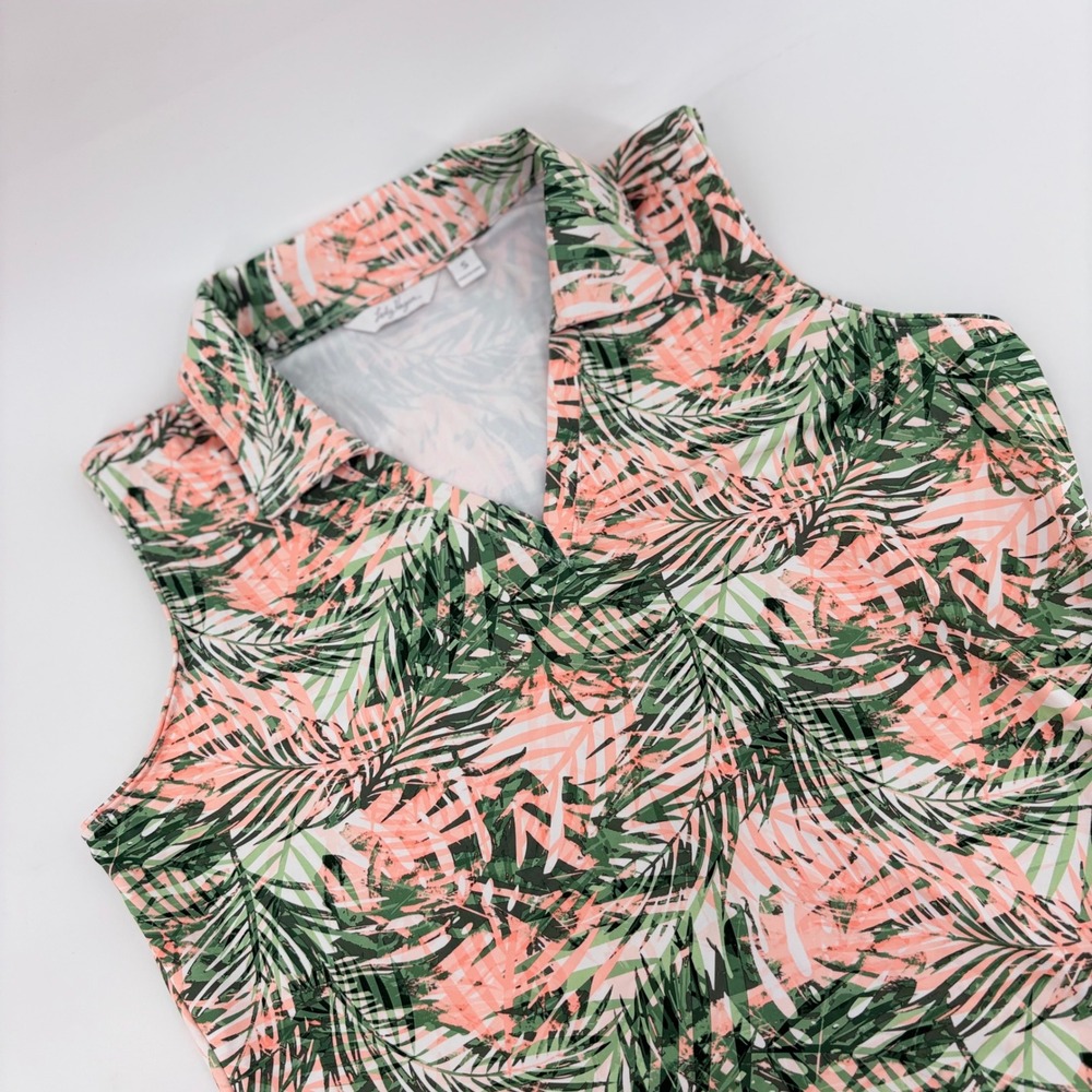 Lady Hagen Womens Tropical Palm Print Sleeveless Golf Polo Top Green Pink Small